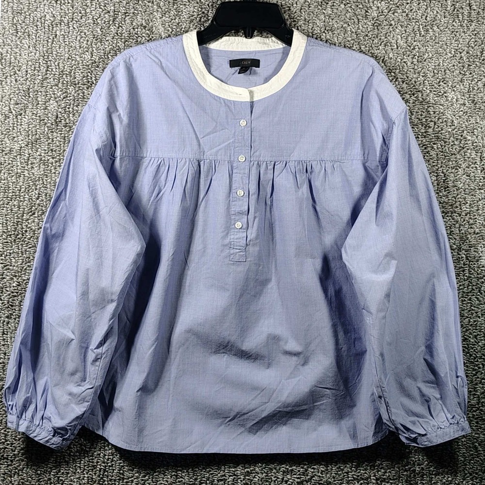 J.Crew Blouse Blue White Band Collar Poplin Preppy Women Size 14